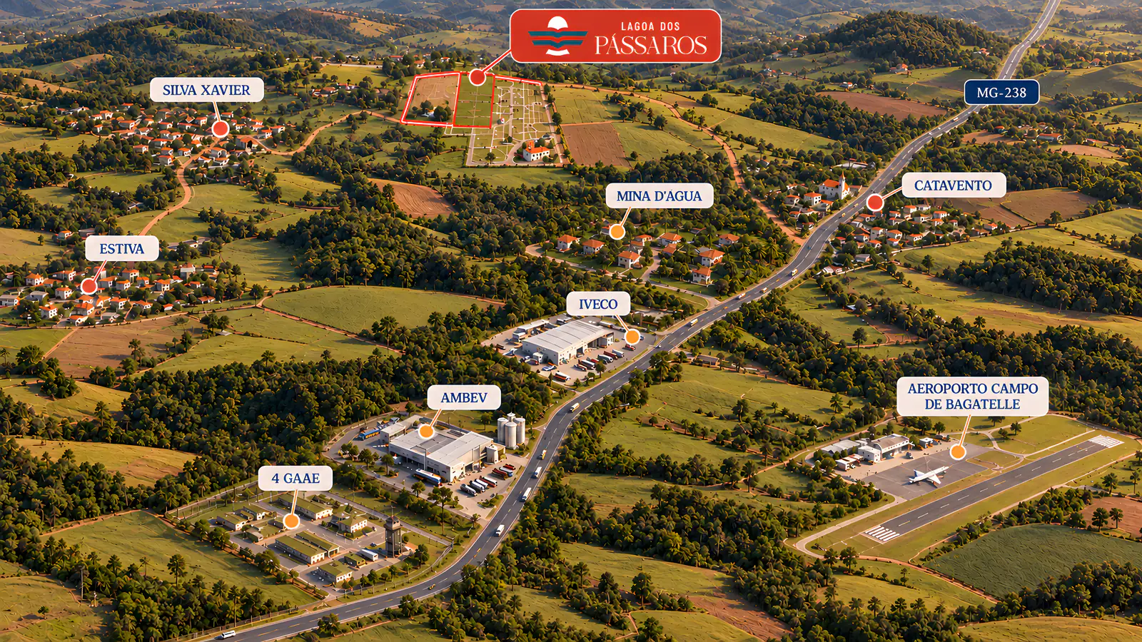 Vista aérea ilustrada da região: Condomínio Lagoa dos Pássaros, Silva Xavier, Estiva, Mina d’Água, Catavento, Iveco, Ambev, 4º GAAAe, Aeroporto Campo de Bagatelle e a rodovia MG-238